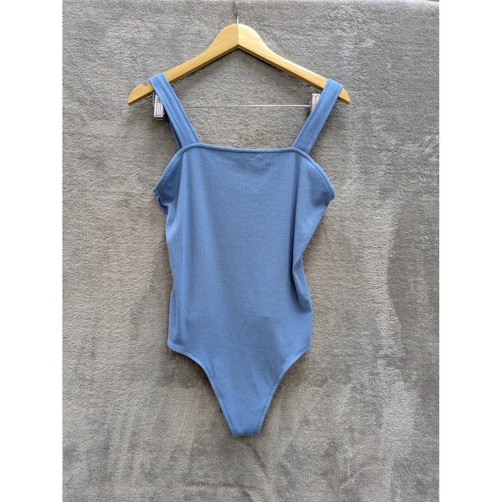 Minimalist Ribbed Bodysuit Womens XL Blue Square Neck Tank Thong Snap